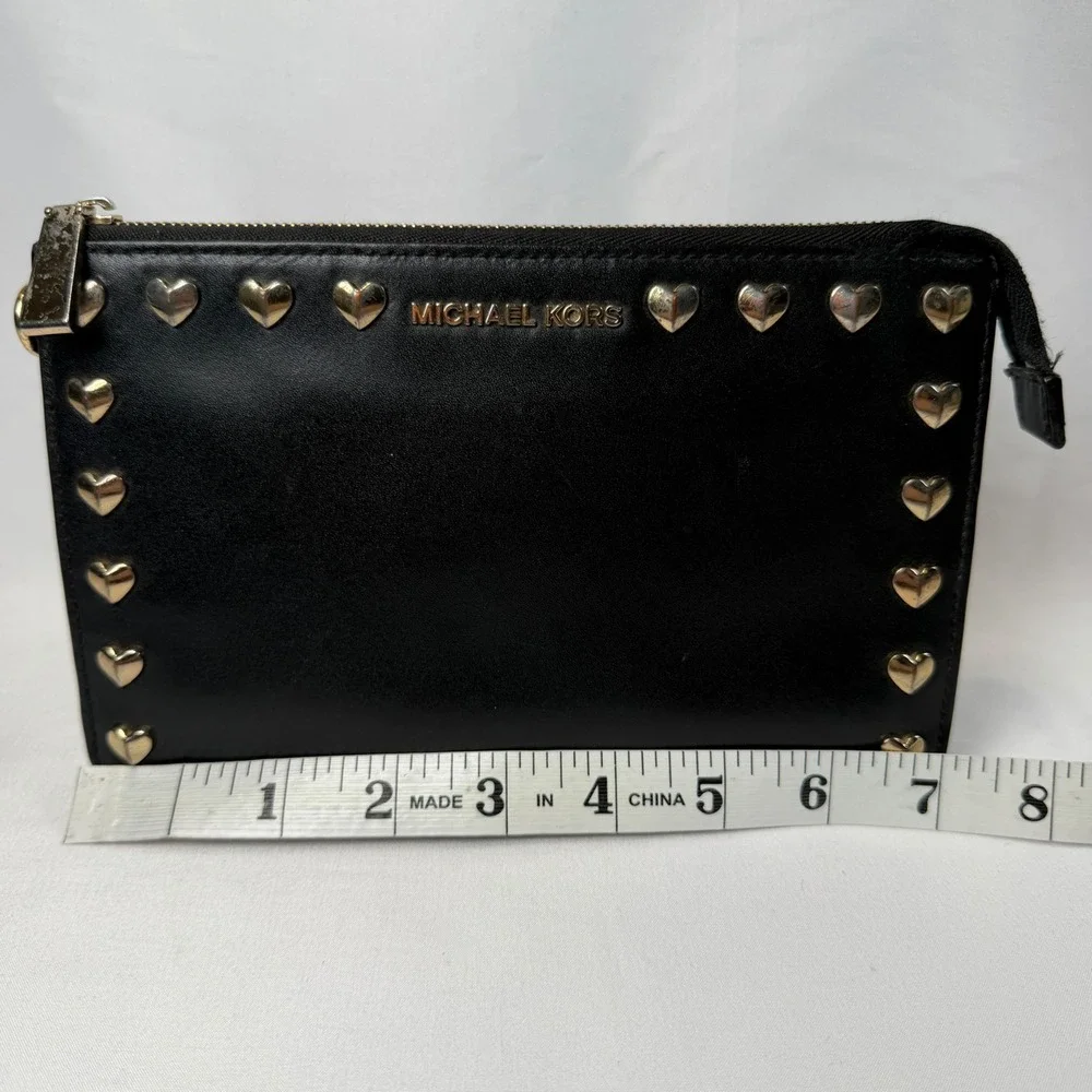 Michael Kors Heart Studded Clutch Bag Women Small Black Leather Gold Tone Zip